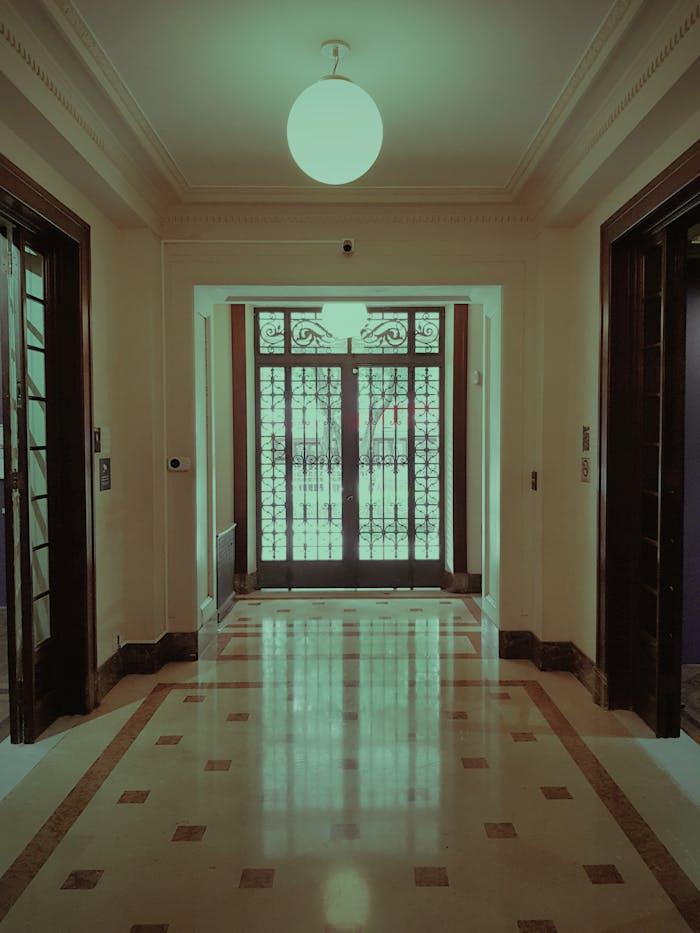Luxurious interior hallway with ornate glass doors and polished floors.
